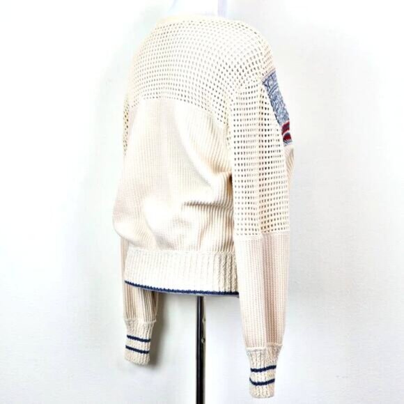 Free People Size M Geo Party Sweater Pullover Waffle Knit Ivory Blue Orange - Picture 7 of 11